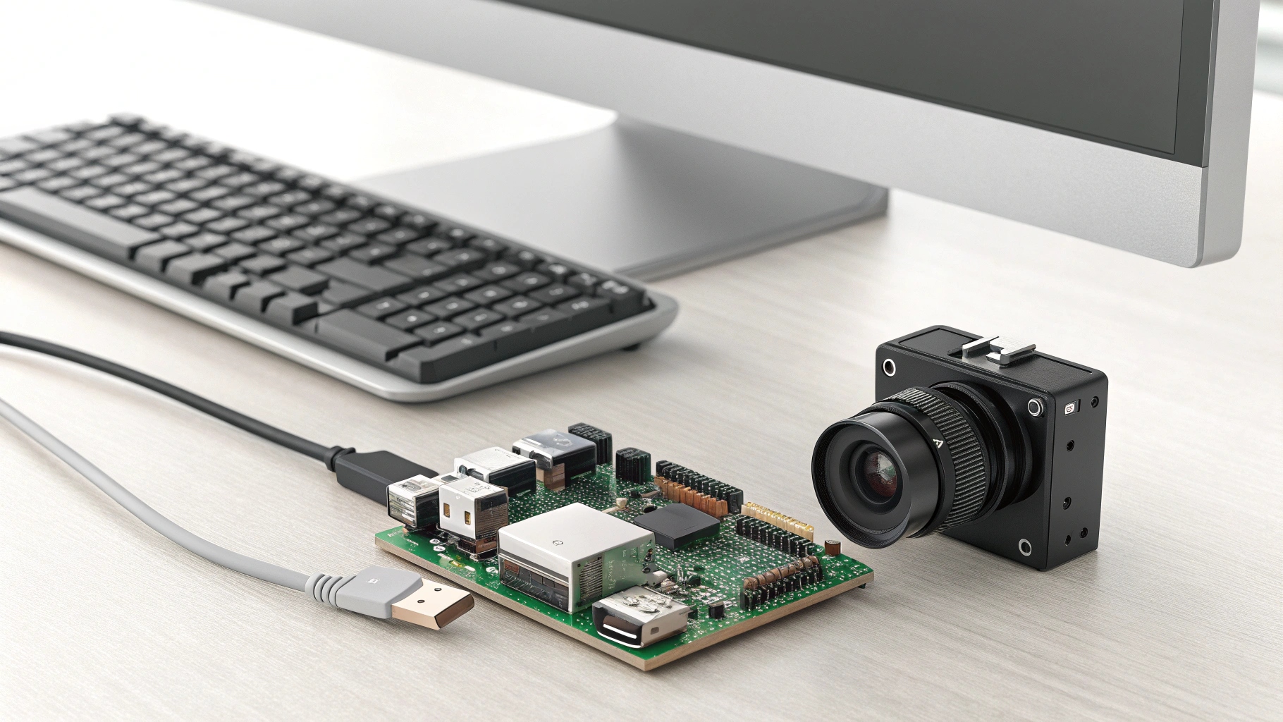 A Raspberry Pi board with a camera module connected