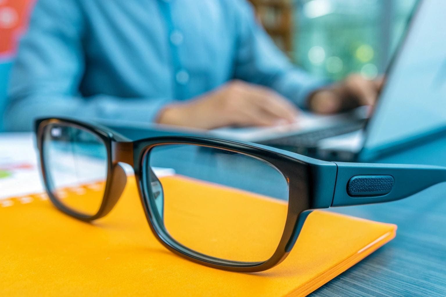A person wearing glasses with a tiny hidden camera on the frame, seamlessly integrated