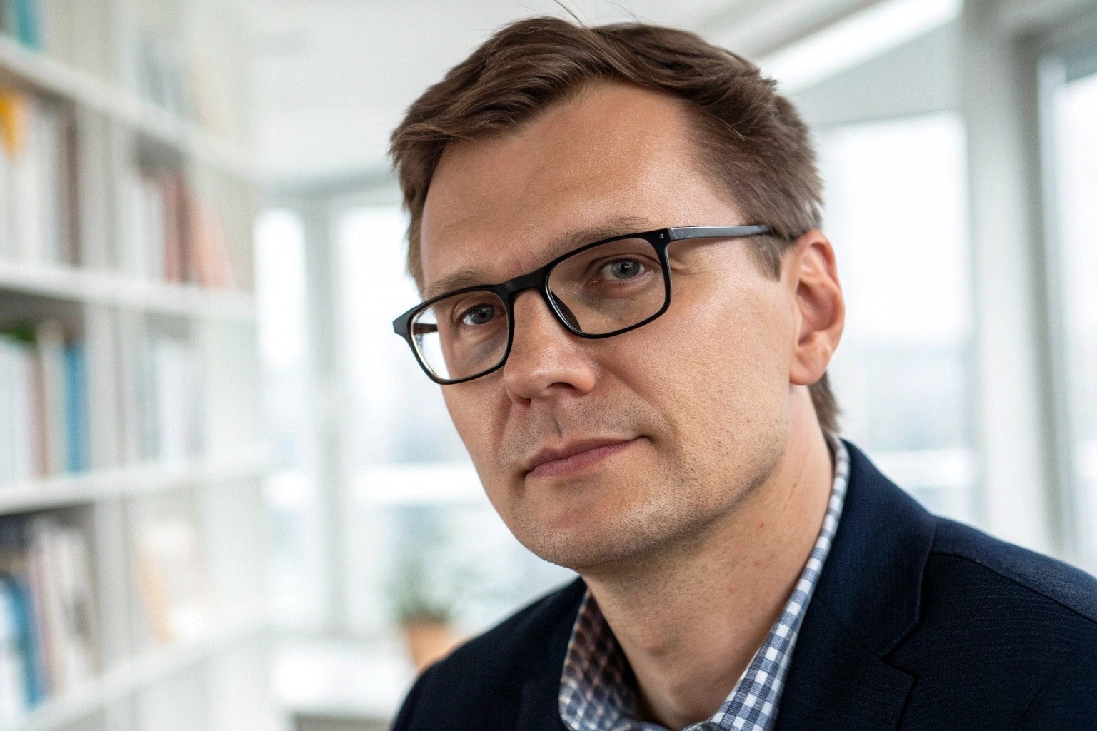 A man in his 40s wearing modern, stylish black-framed glasses in a professional office.