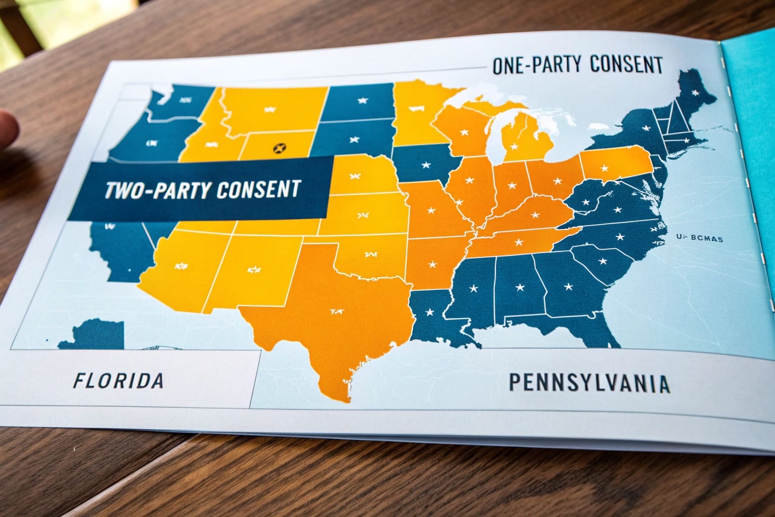 Map of the United States with states colored differently to represent one-party and two-party consent laws for audio recording