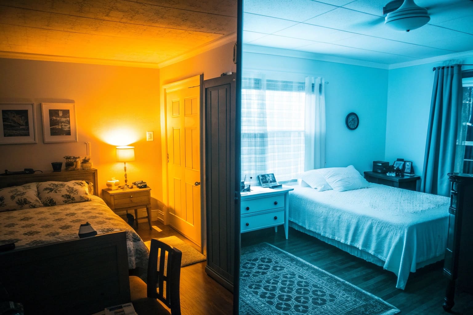 A split-screen image showing a dark room seen by a human eye on one side, and the same room clearly visible in black and white through a night vision hidden camera on the other