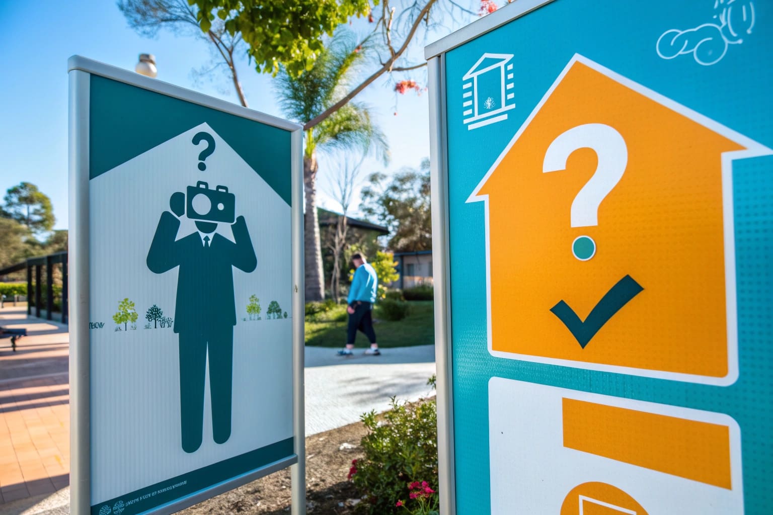 A graphic showing a person in a public park with a checkmark and a person inside a private home with a question mark, symbolizing recording legality