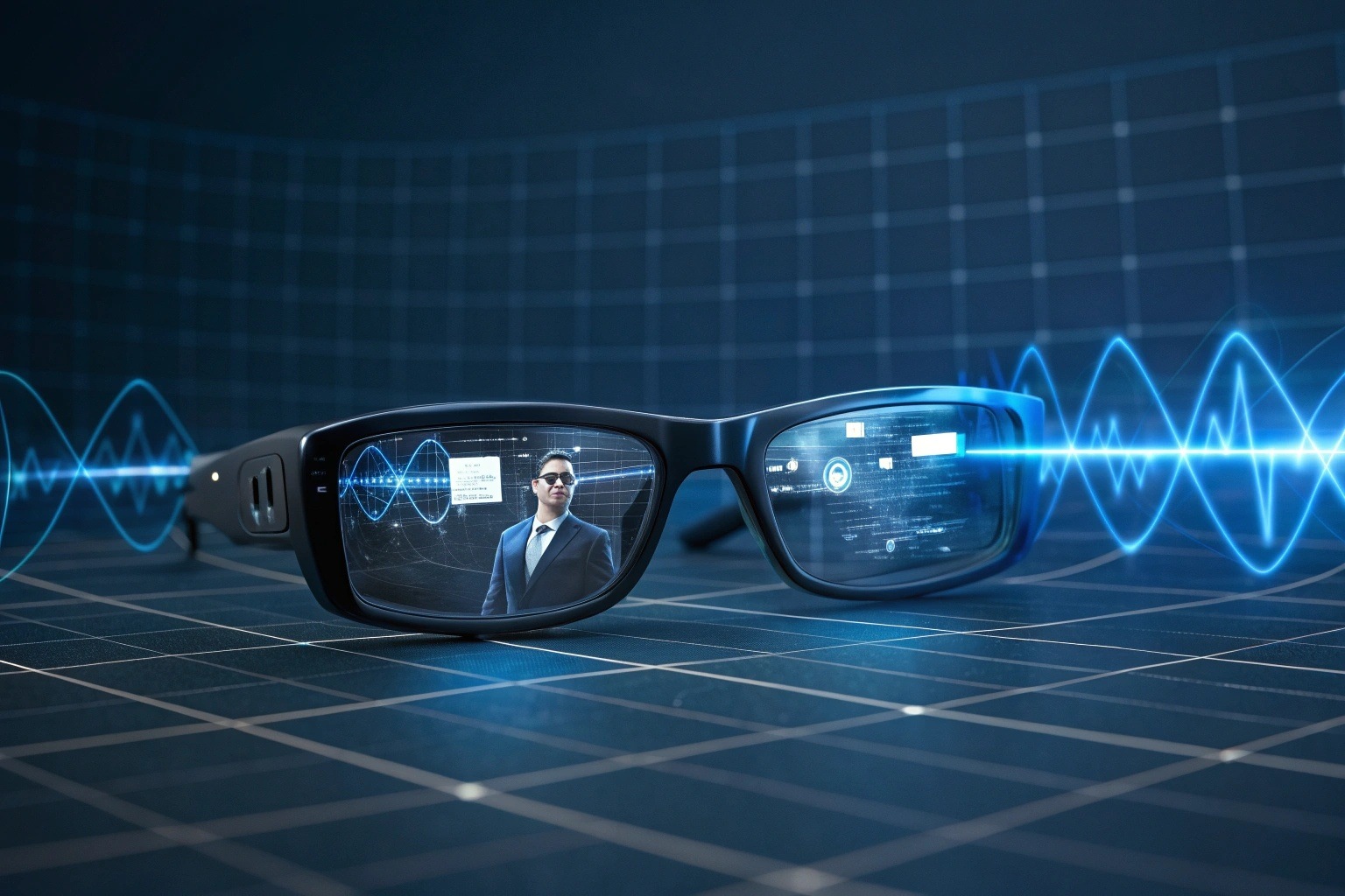 A conceptual image of spy glasses with a visual audio waveform and video film strip projecting out.