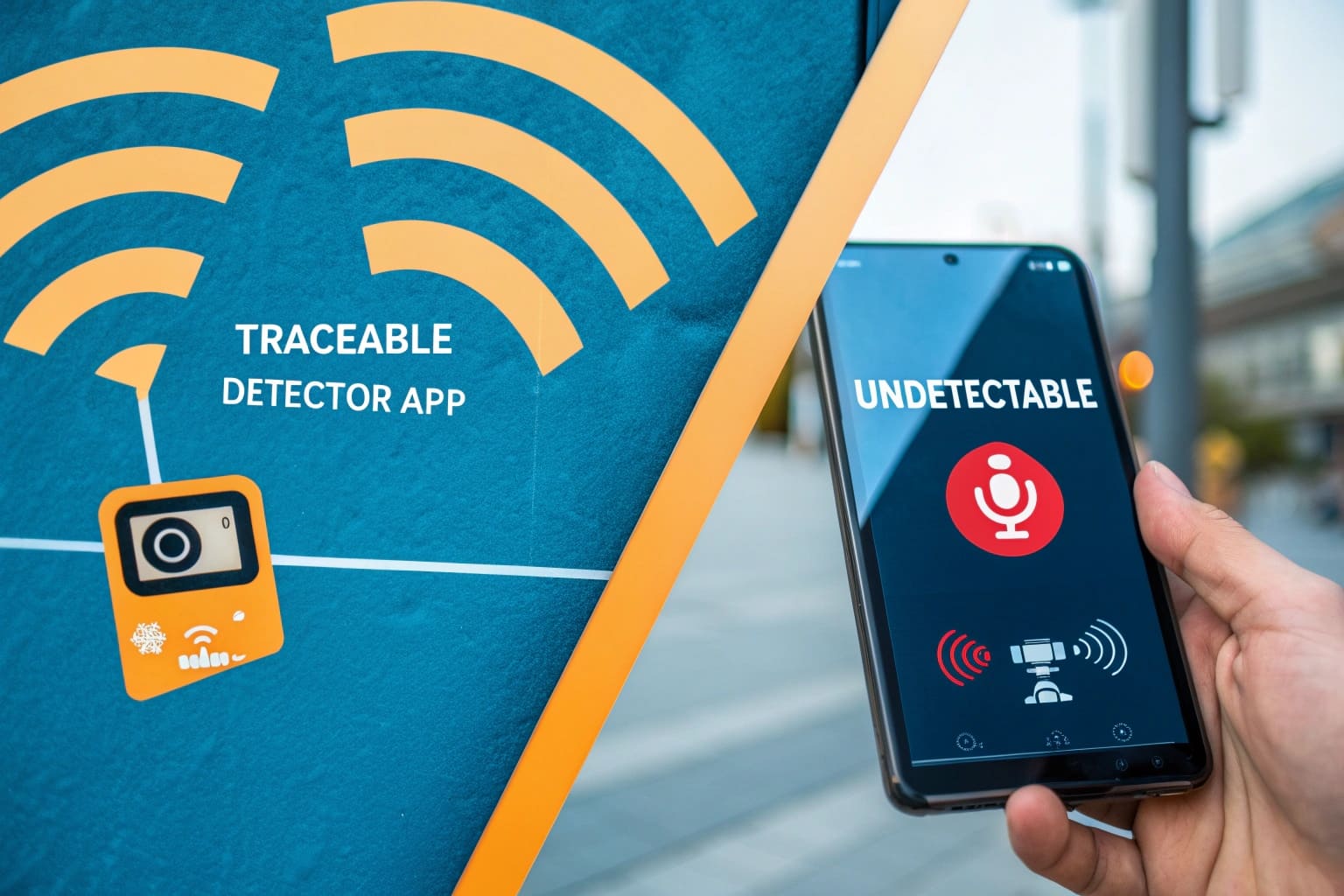 A side-by-side comparison showing a WiFi signal being detected by a phone, and a non-WiFi camera with an SD card showing no signal
