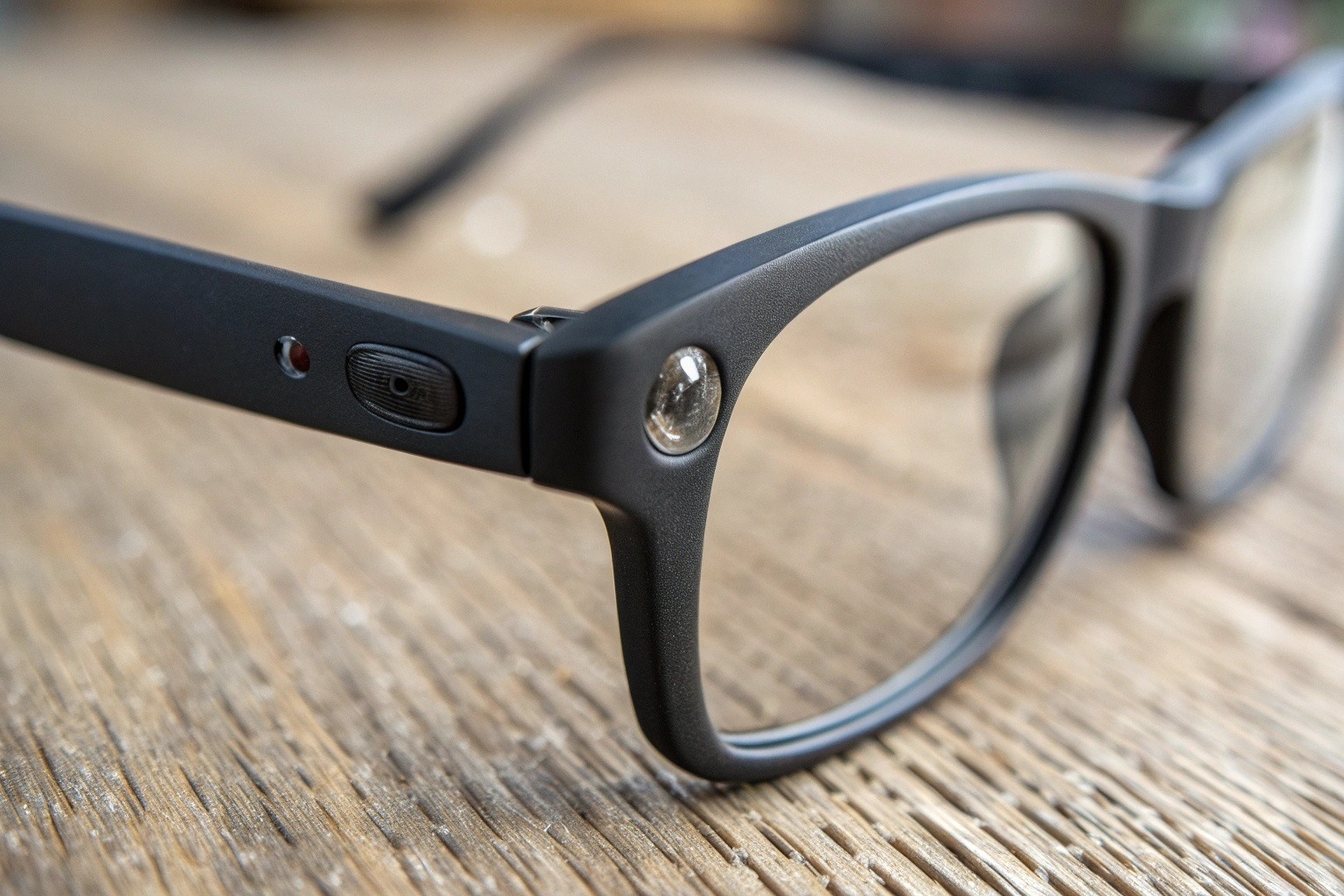 A hyper-detailed macro shot of the side arm of a pair of matte black glasses, focusing on a tiny pinhole lens.
