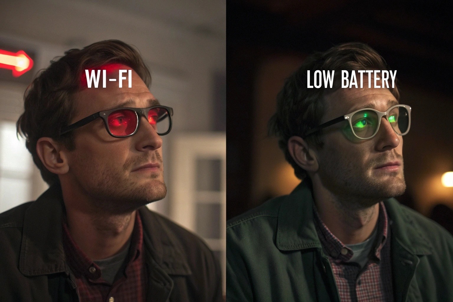 A split-screen image showing the trade-offs between Wi-Fi and standard camera glasses.