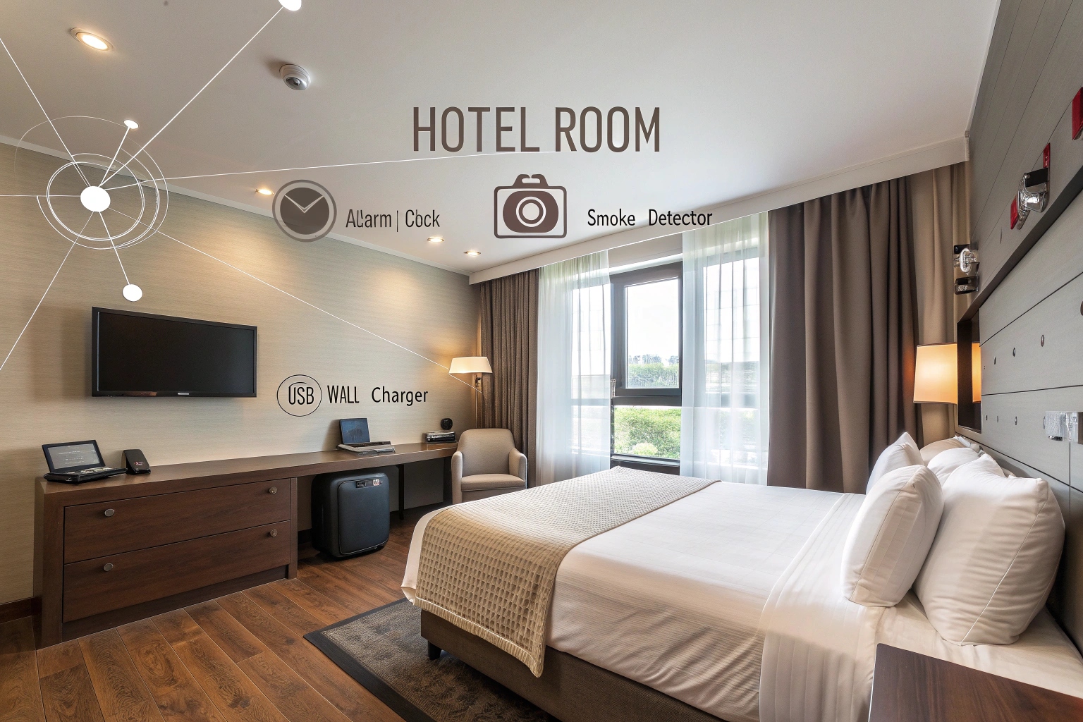 A diagram of a hotel room pointing out common hiding spots for spy cameras like the digital clock, smoke detector, and USB charger.