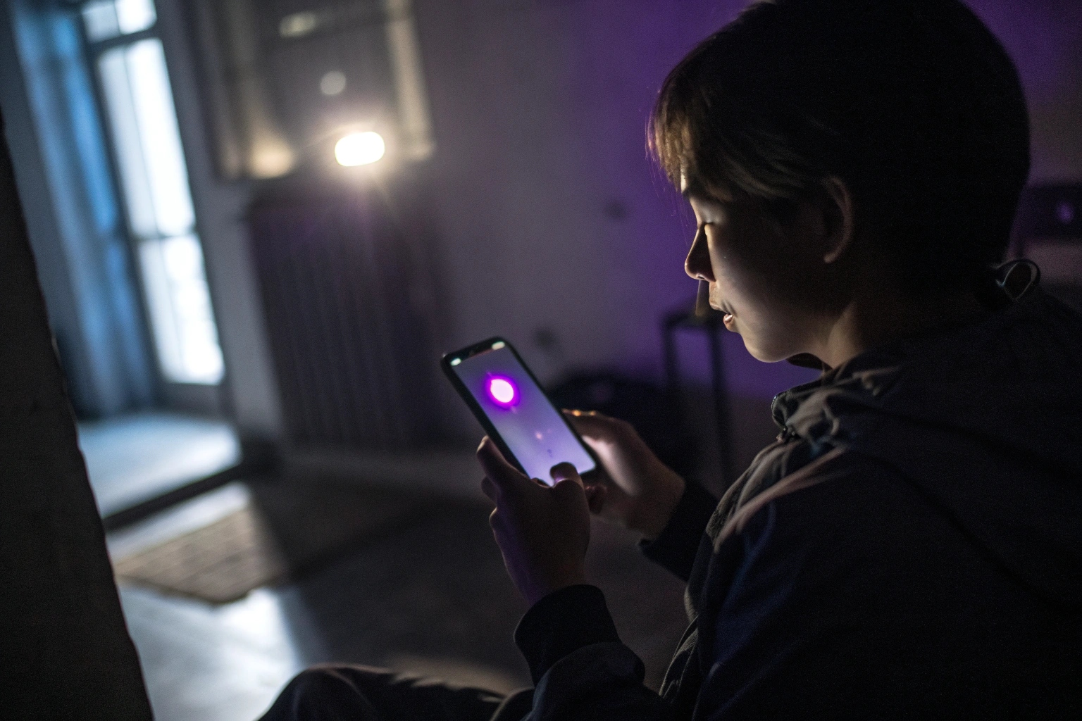 A person holding a smartphone, with the phone's screen showing a bright purple dot from a hidden camera's IR light.