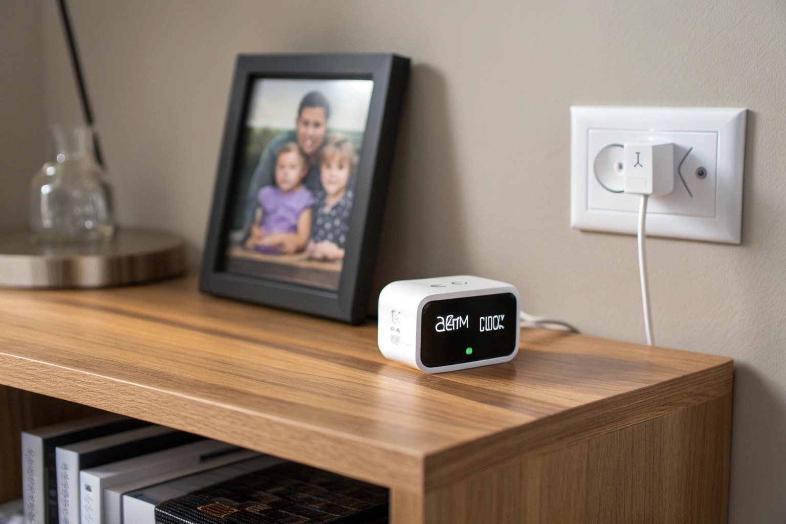 A collection of disguised spy cameras like a clock, a charger, and a photo frame on a shelf
