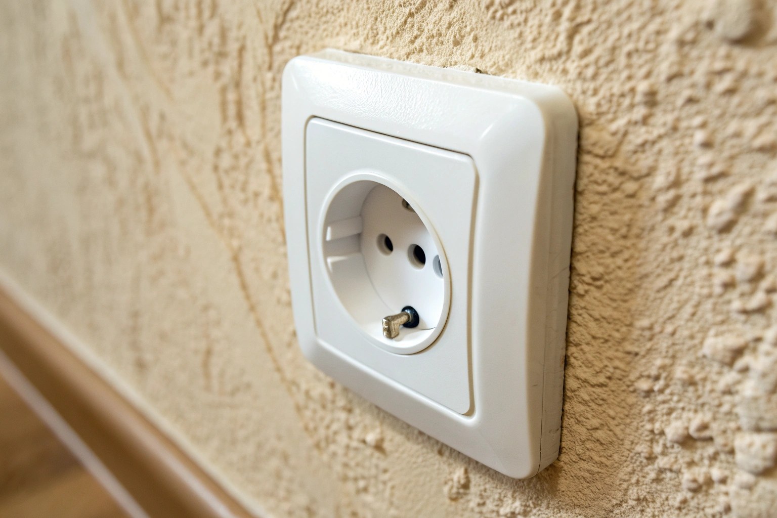 A close-up of a white electrical outlet with a tiny, hidden pinhole camera lens disguised on its surface.