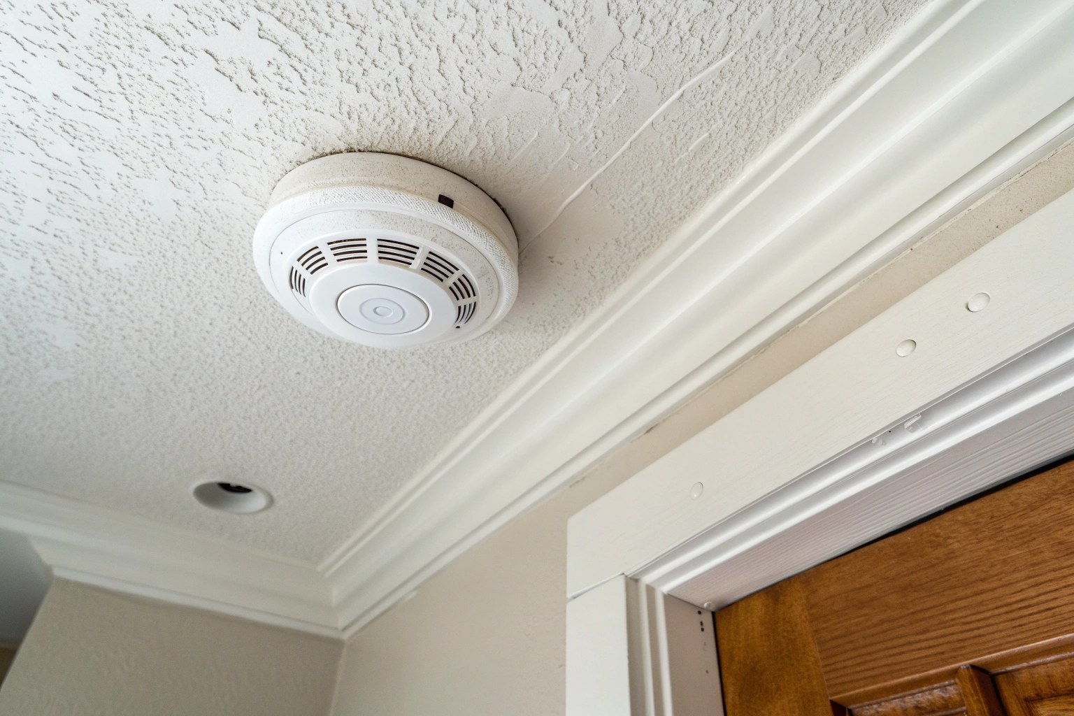 A view looking up at a white smoke detector mounted on a ceiling, appearing perfectly normal and unassuming.