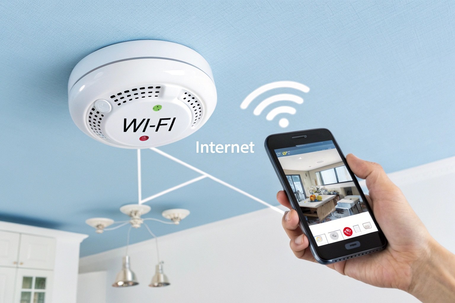 An infographic showing a hidden camera in a smoke detector sending a signal to a smartphone