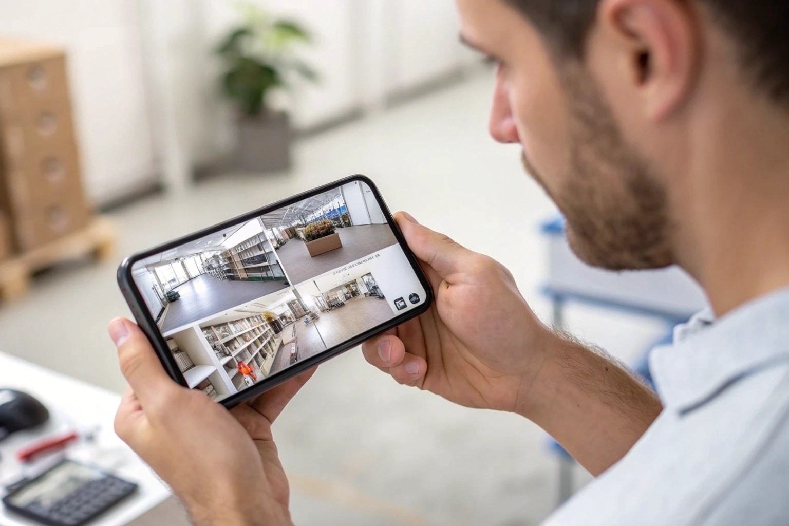 A hand holding a smartphone that displays a clear live video feed from a hidden camera monitoring an empty room.