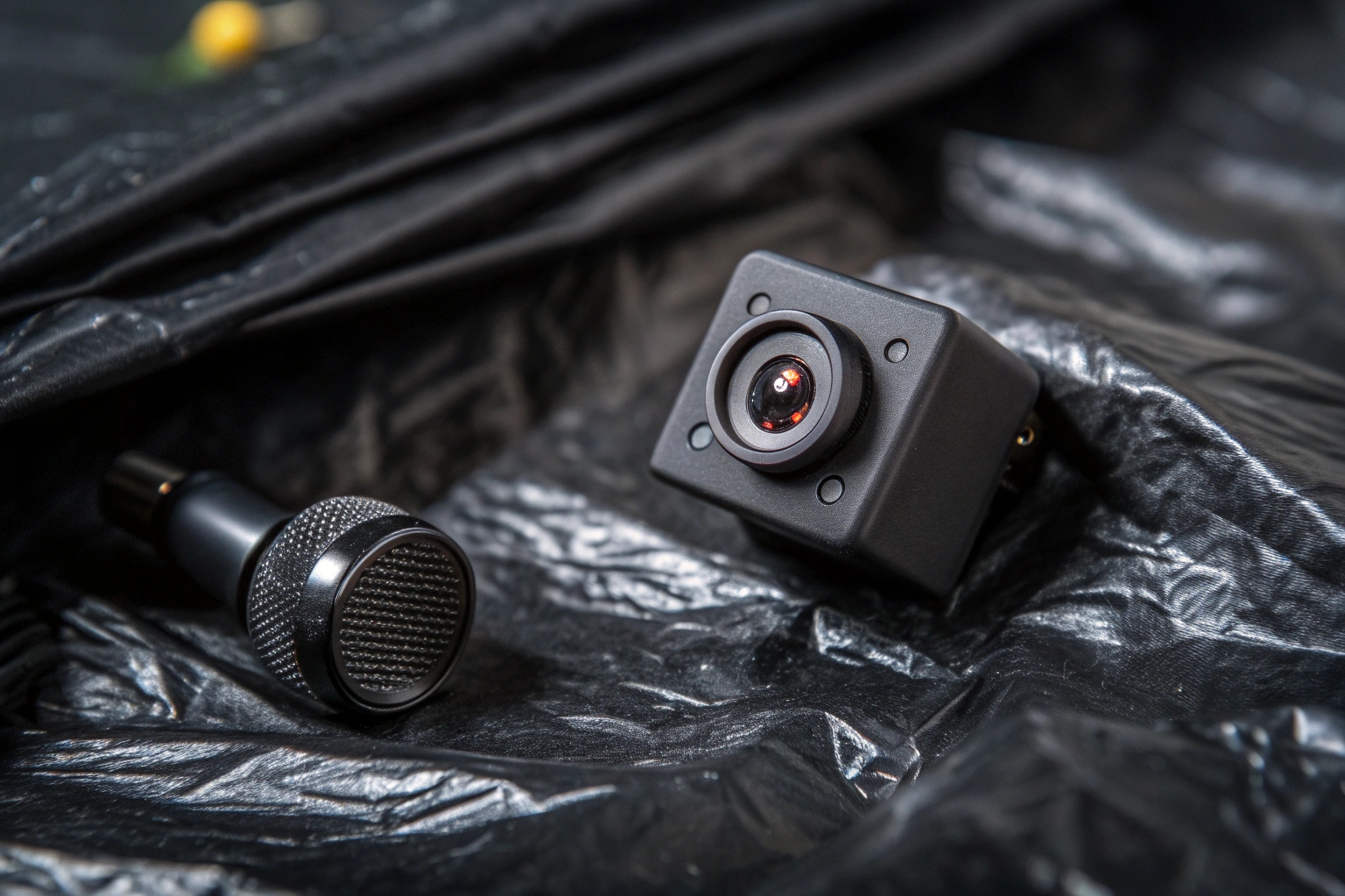 A close-up of a discreet spy camera lens with a small microphone hole next to it.