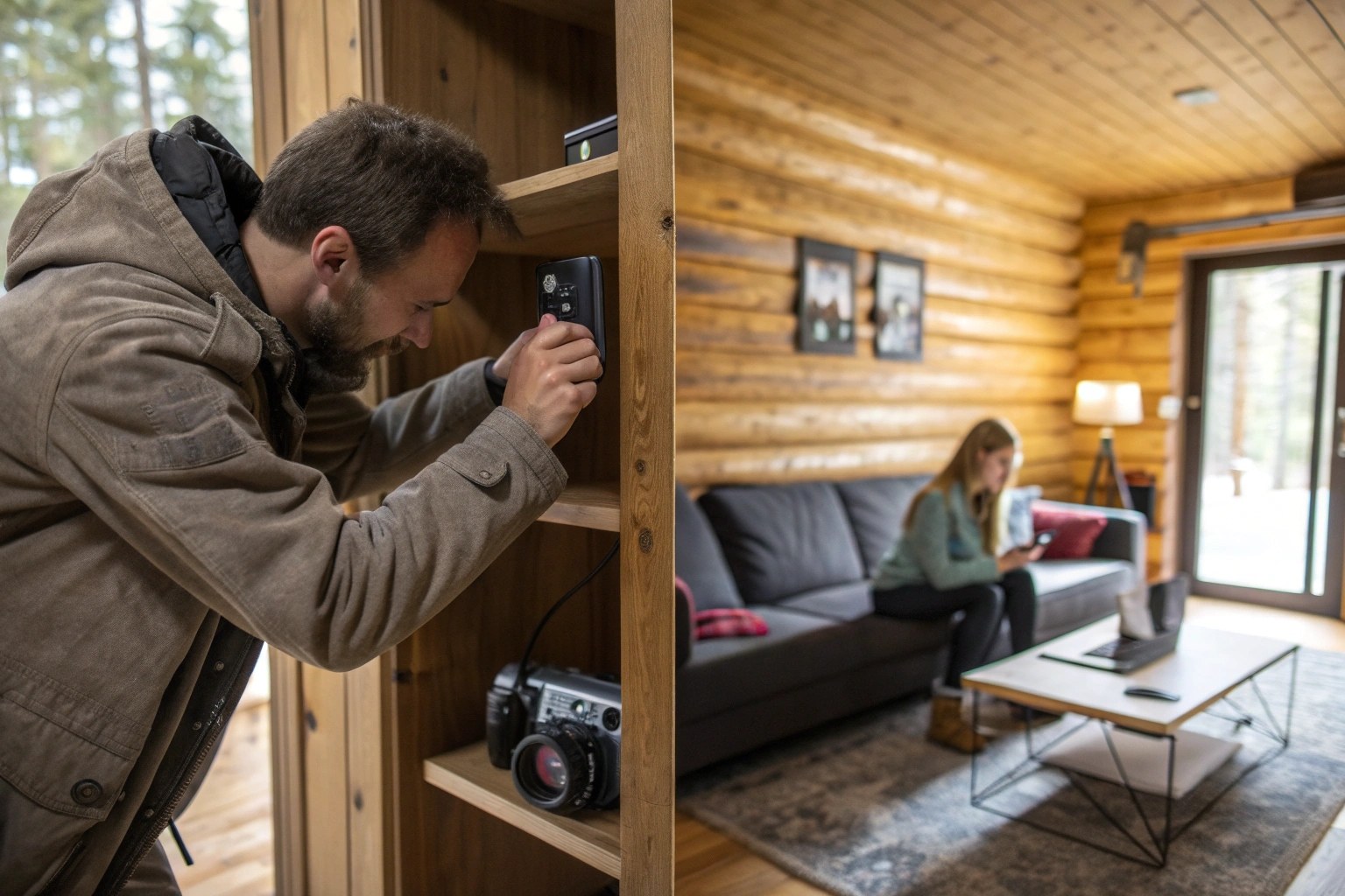 A split image showing a man retrieving an SD card in a cabin and a woman watching her phone in a city