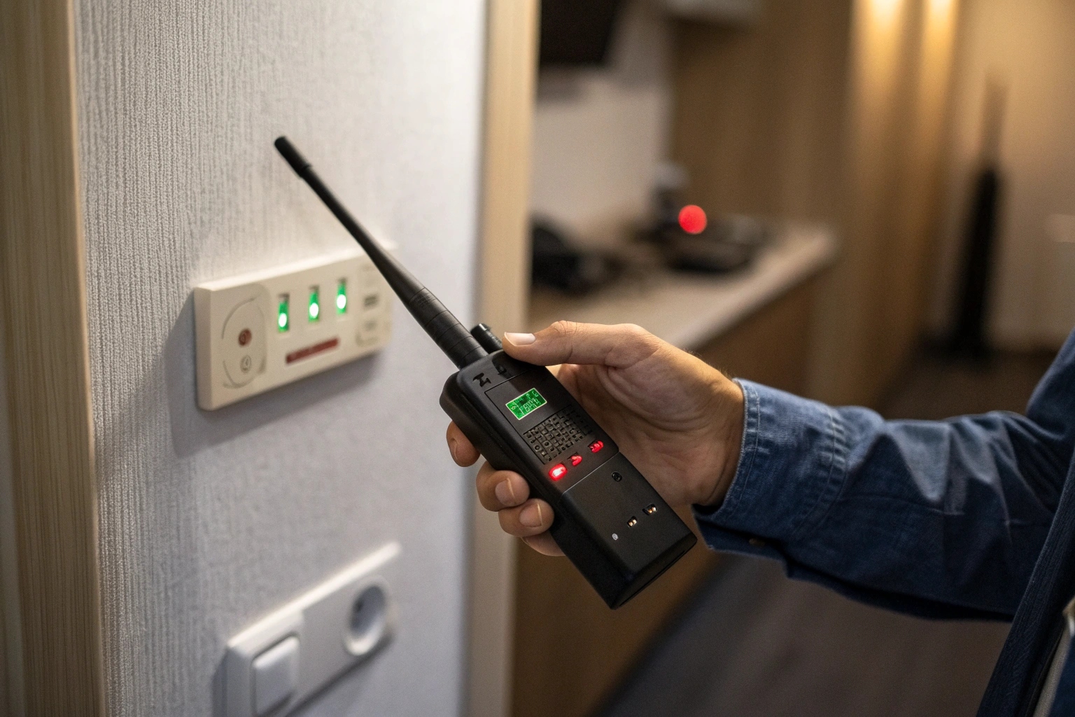 A person's hand holding a black RF detector with its antenna extended, scanning an office wall.