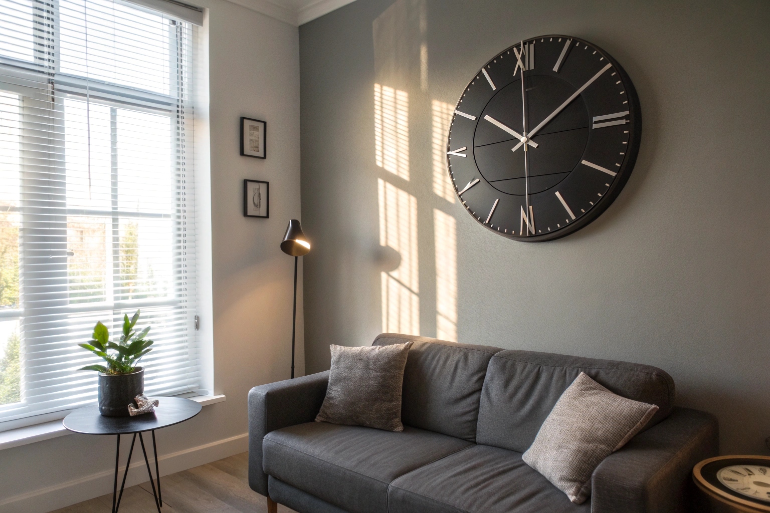 A stylish wall clock in a living room