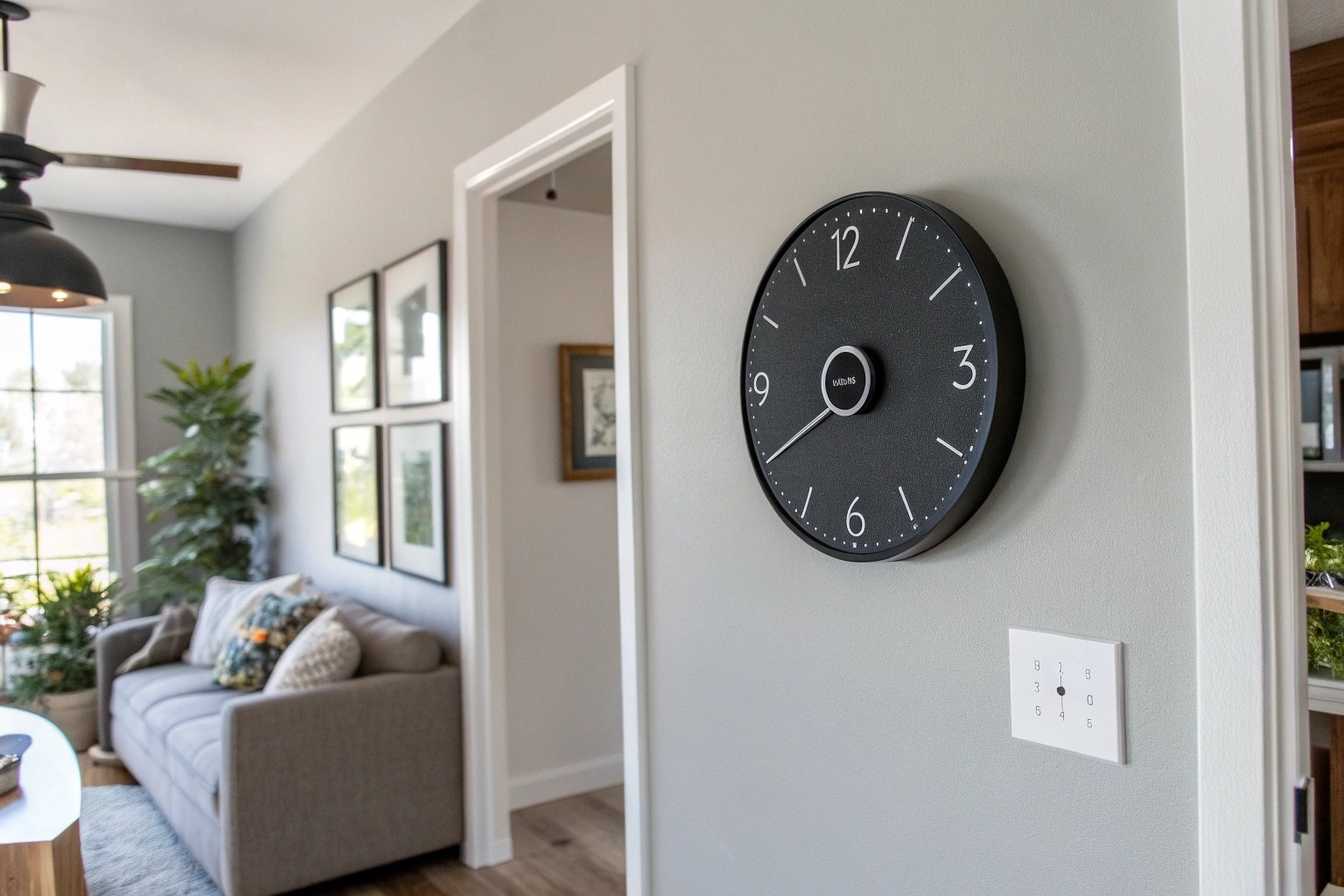 A sleek, modern wall clock in a living room, with a tiny, almost invisible camera lens on its face.