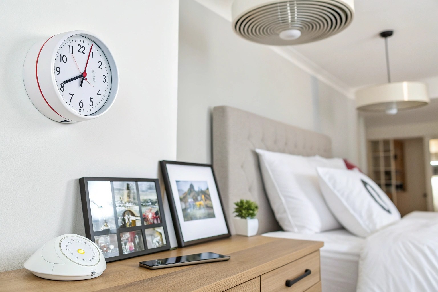 A collage of common bedroom items like a clock, smoke detector, and photo frame, each subtly indicating a hidden camera.