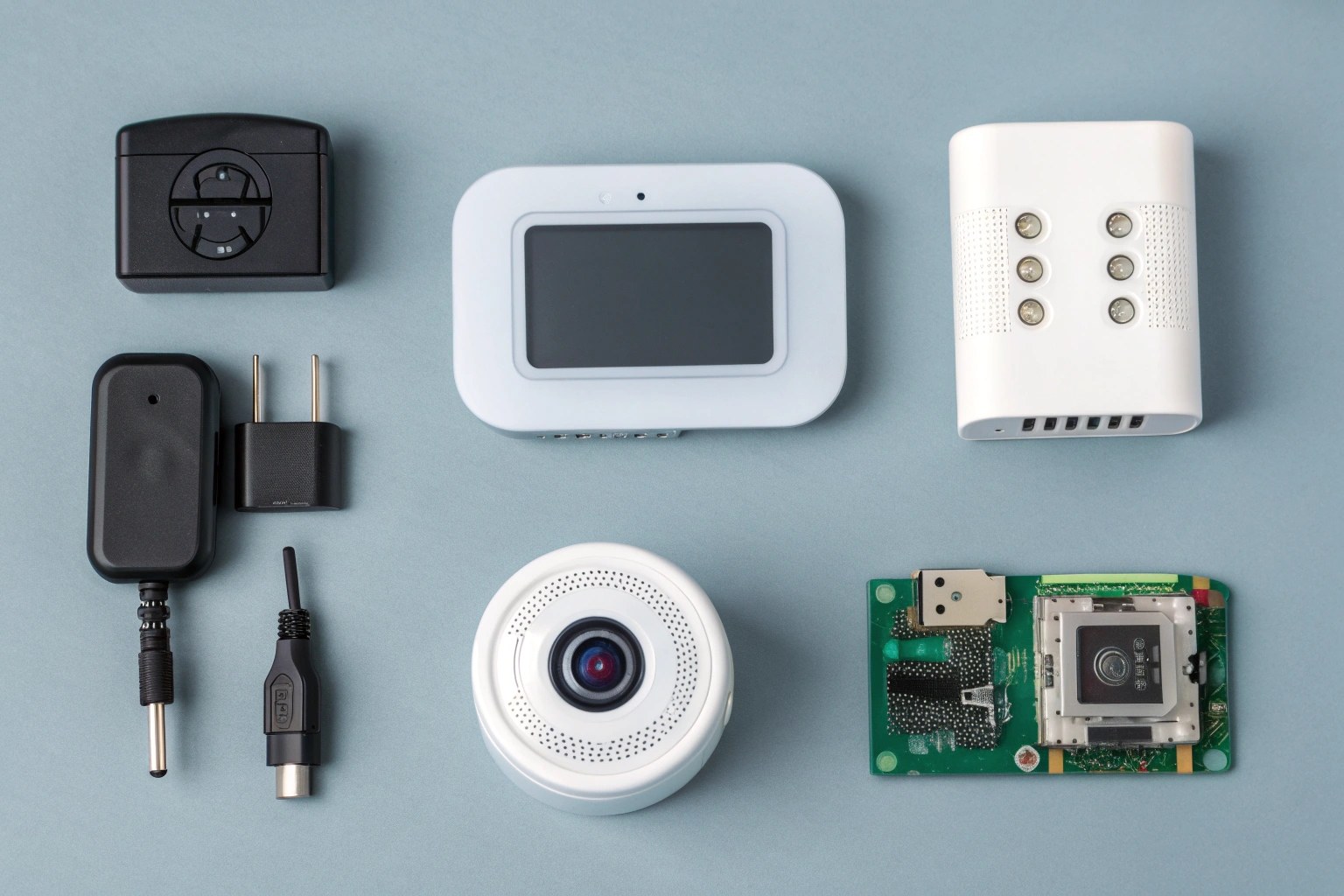 A collection of different hidden cameras, including a USB charger camera, a wall clock camera, and a DIY camera module