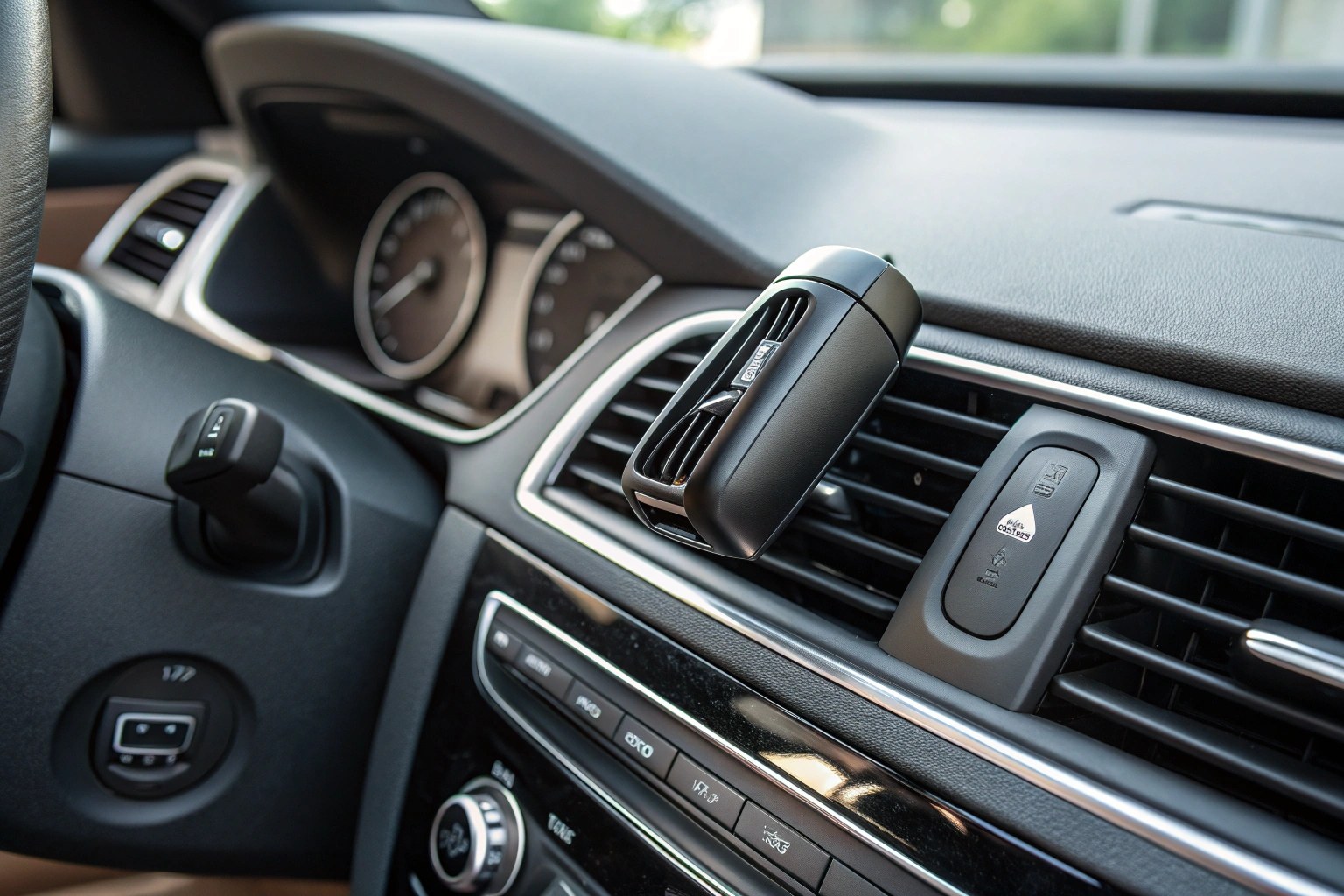 A discreet hidden camera designed as a car air freshener clipped to a car's air vent