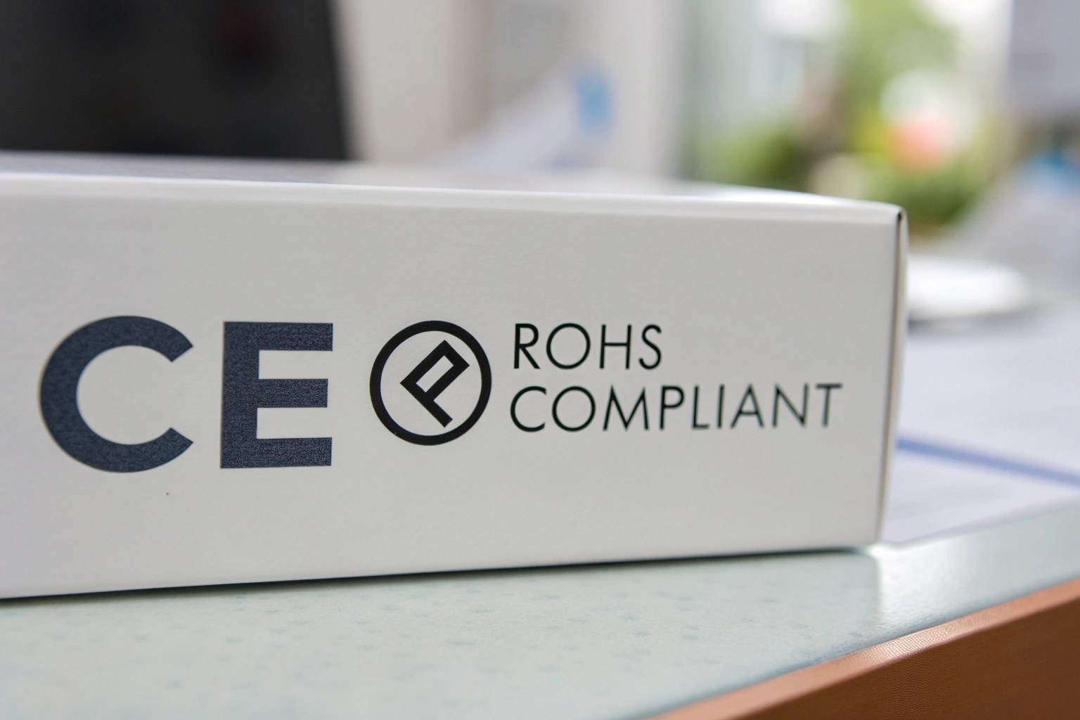 Official CE and RoHS certification logos displayed clearly on the side of a product's high-quality packaging
