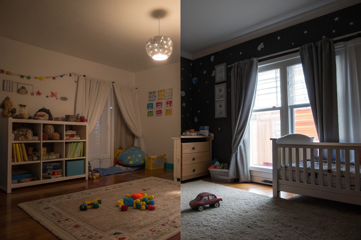A split-screen image showing a bedroom in normal light on the left, and the same room viewed through a camera with night vision on the right, appearing in black and white.