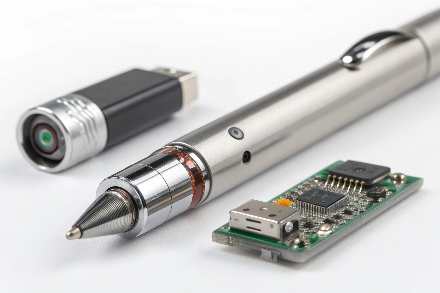 A close-up view of a high-quality pen camera, showing its discreet design and internal components.