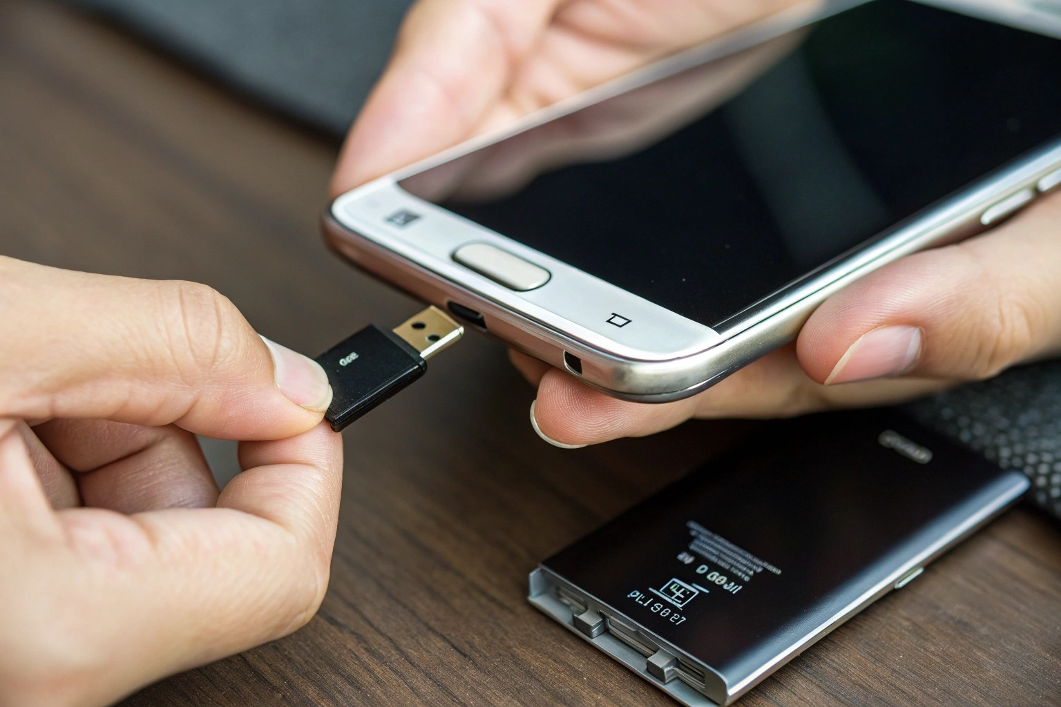 A person inserting a microSD card into a phone adapter