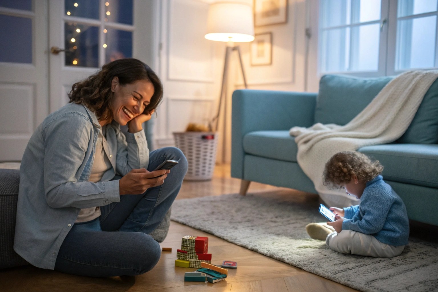 A split-screen image showing a positive scene of a nanny playing with a child on one side, and a negative scene of a nanny ignoring a child on the other