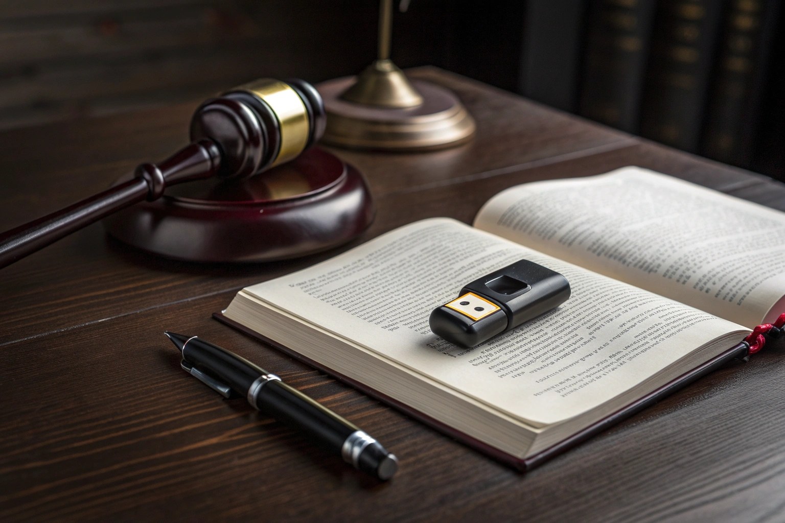 A legal document with a gavel and a small spy camera, symbolizing the legality of nanny cams