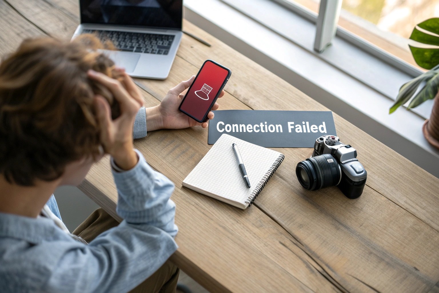 A person looking frustrated while trying to connect a pen camera to a smartphone app.