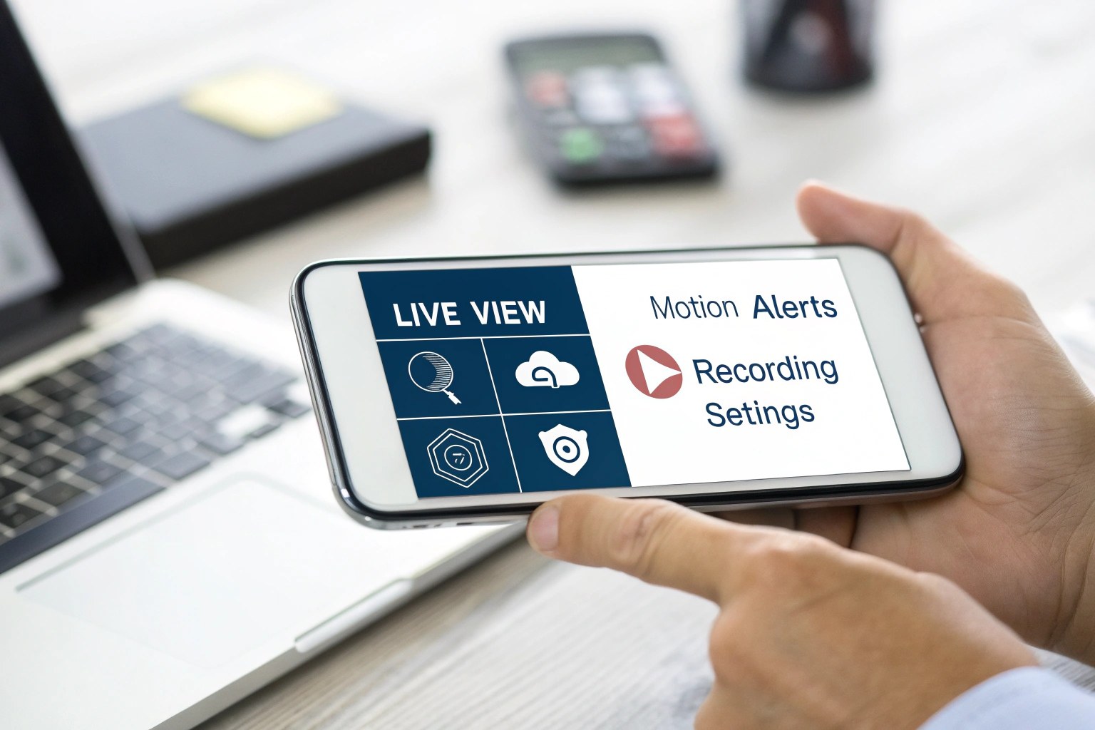 A smartphone screen displaying the interface of a modern pen camera app, with options for live view and motion detection.