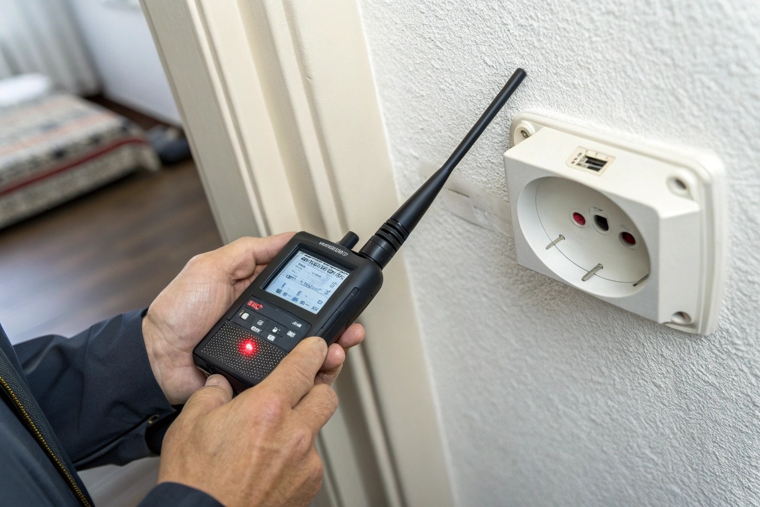 A handheld RF detector being used to scan a wall outlet for hidden devices