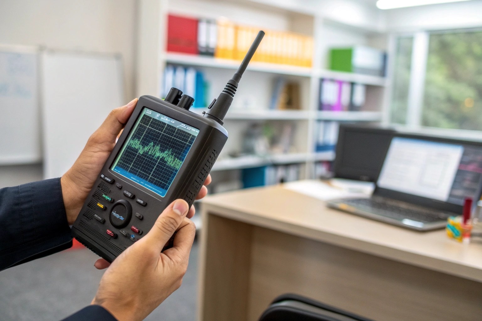 A hand holding a professional RF signal detector device, scanning a modern office environment.