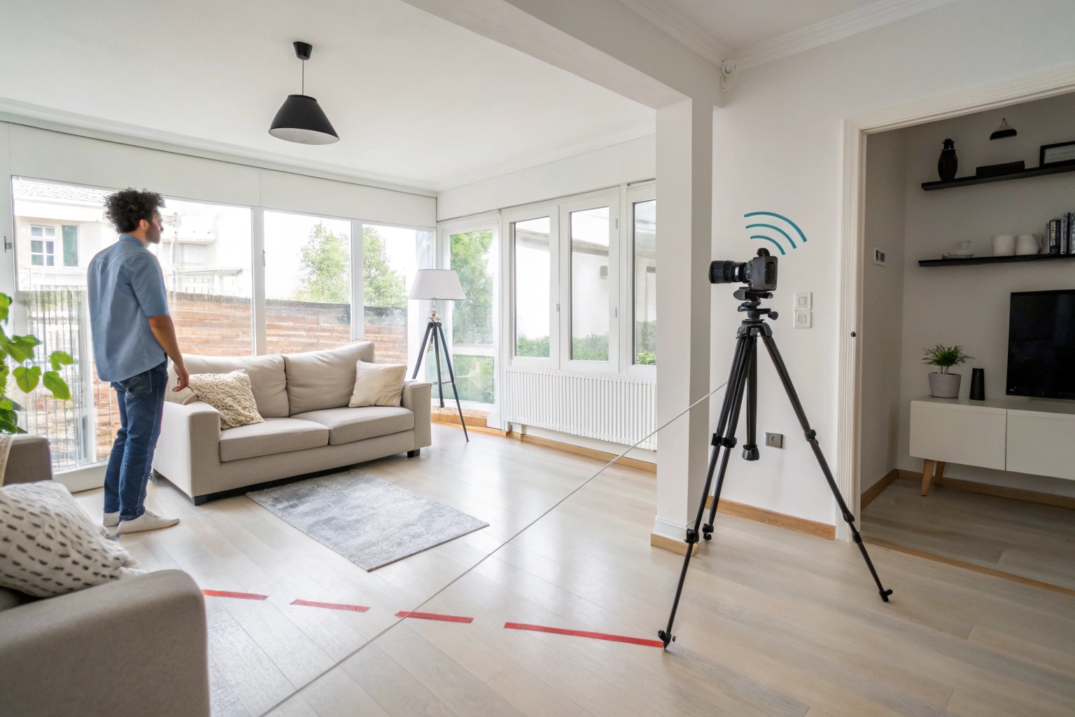 An illustration showing the field of view and effective range of a camera in a living room setting