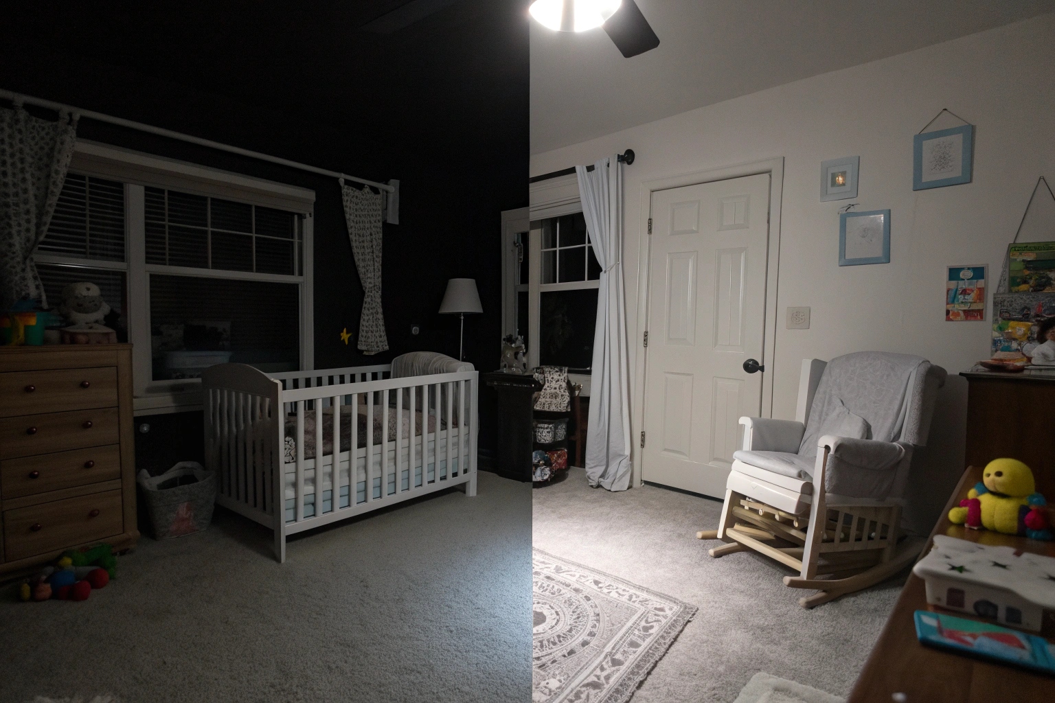 A split-screen image showing a dark room on one side and the same room viewed clearly through a night vision camera on the other