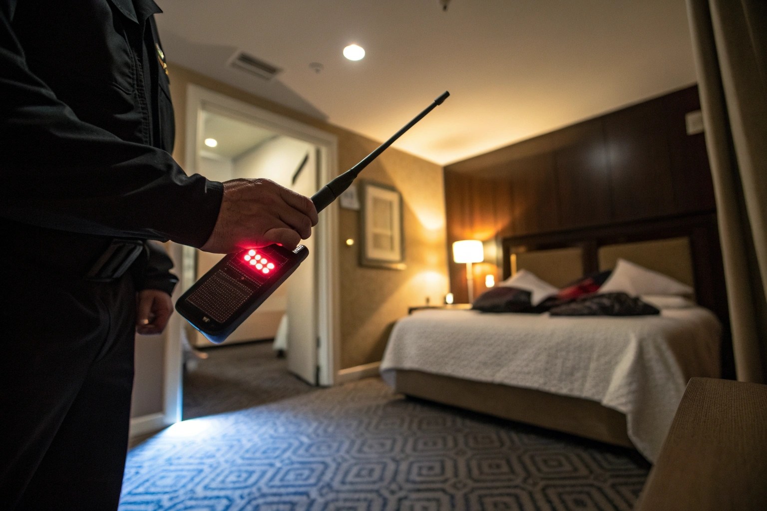 A person holding a small, handheld RF signal detector device with its antenna extended, searching a room.