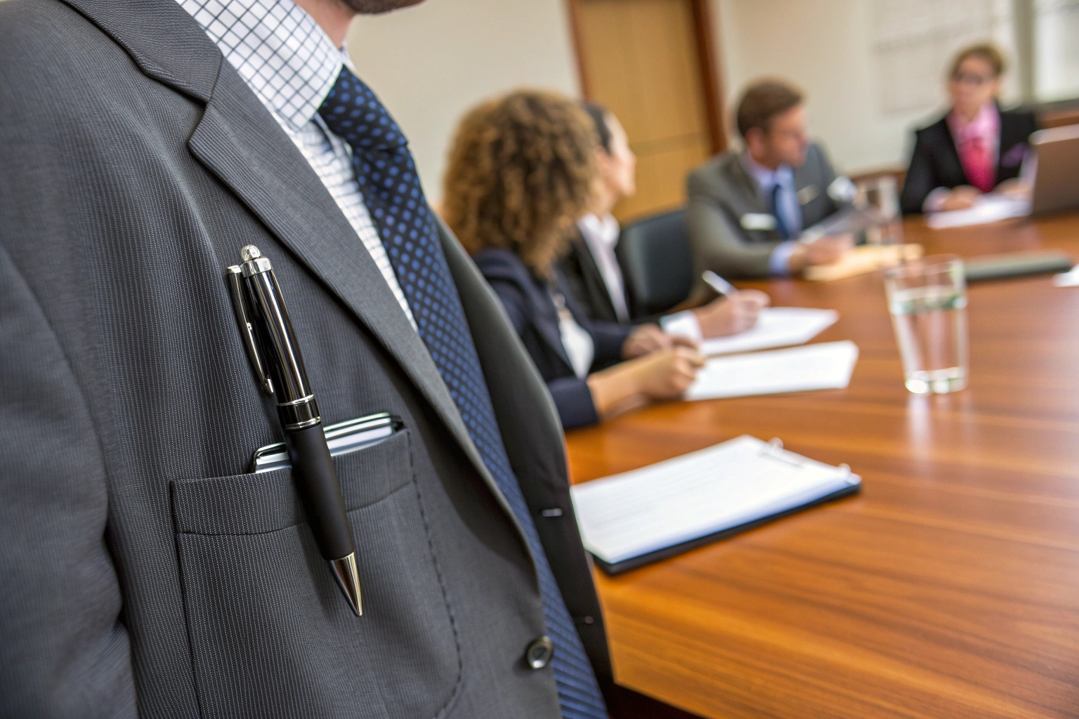 A person in a suit with a spy pen clipped to their shirt pocket during a meeting
