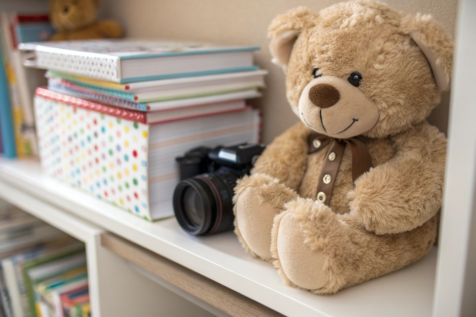 A discreet nanny cam hidden in a stylish teddy bear on a child's bedroom shelf