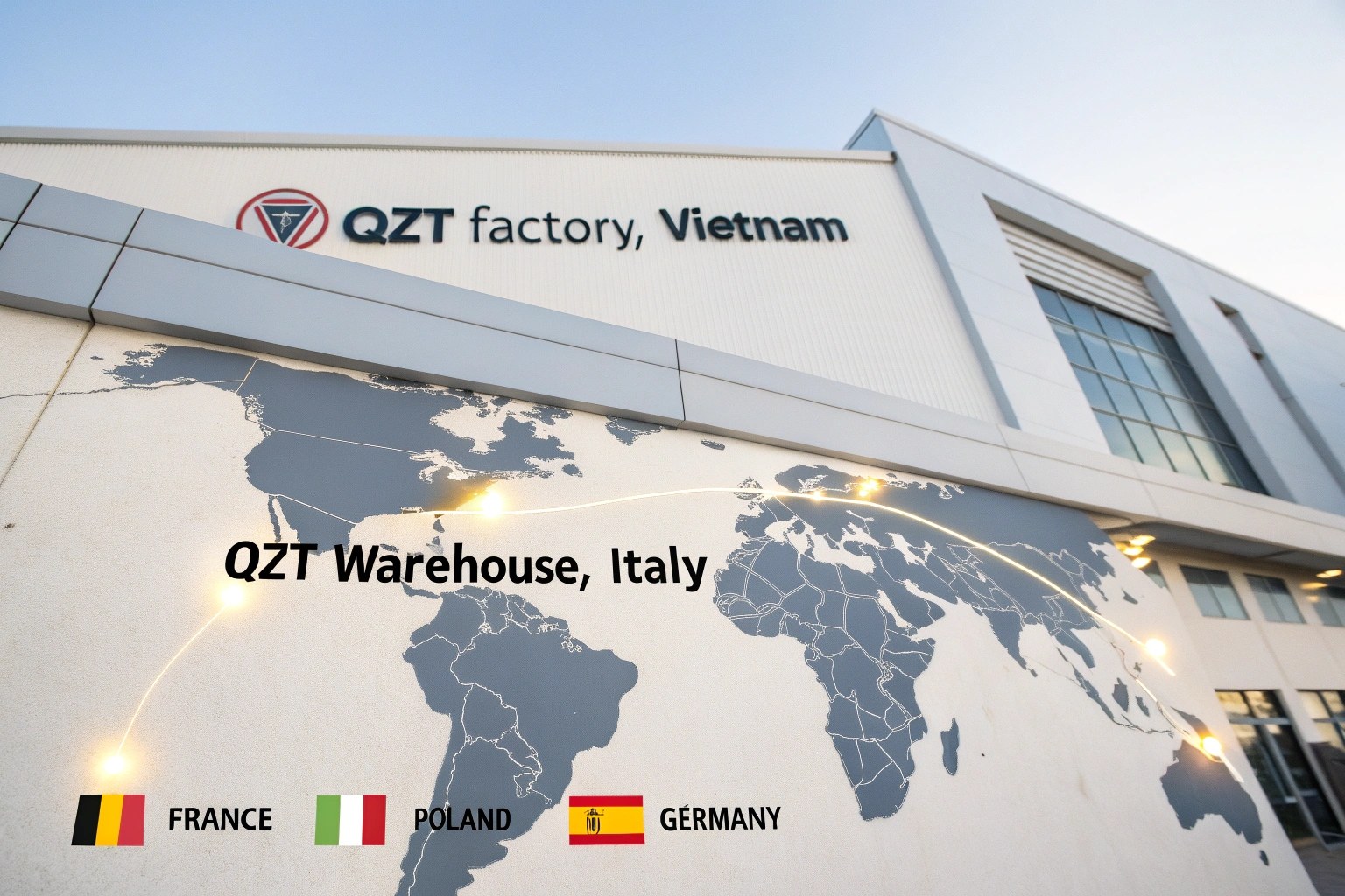 A stylized map showing a secure supply chain from a factory in Vietnam to a warehouse in Italy