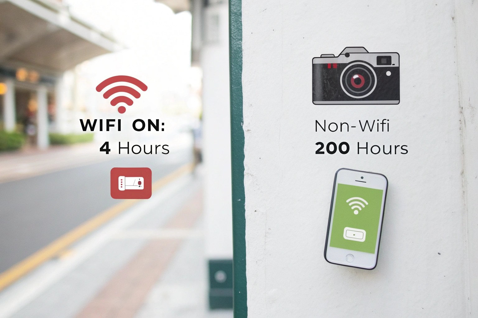 A graphic comparing the very long battery life of a non-WiFi camera to the very short battery life of a WiFi camera