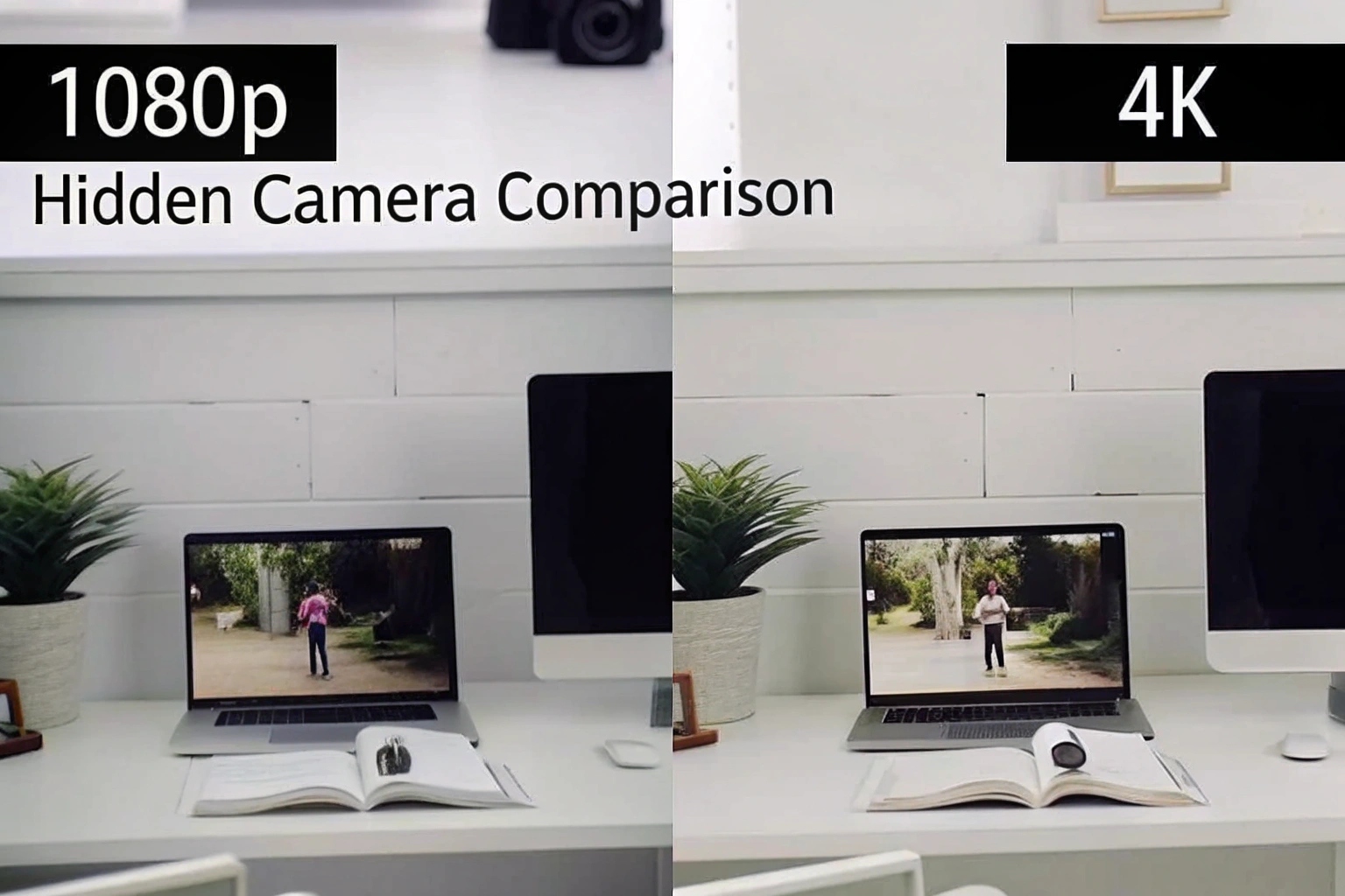 A visual comparison showing a clear 1080p image next to an ultra-sharp 4K image from a security camera