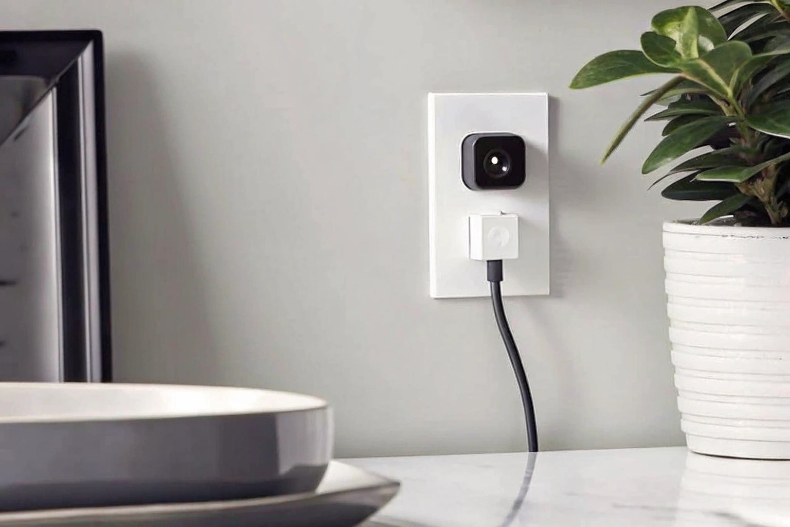A white USB wall charger plugged into an outlet, with a tiny, almost invisible camera lens on its face