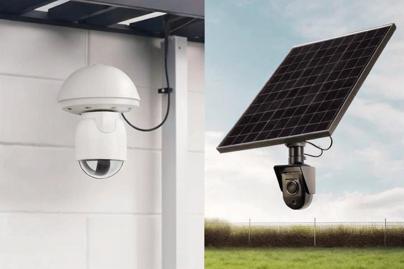 Comparaison côte à côte montrant une caméra filaire connectée à un bâtiment et une caméra solaire en champ libre