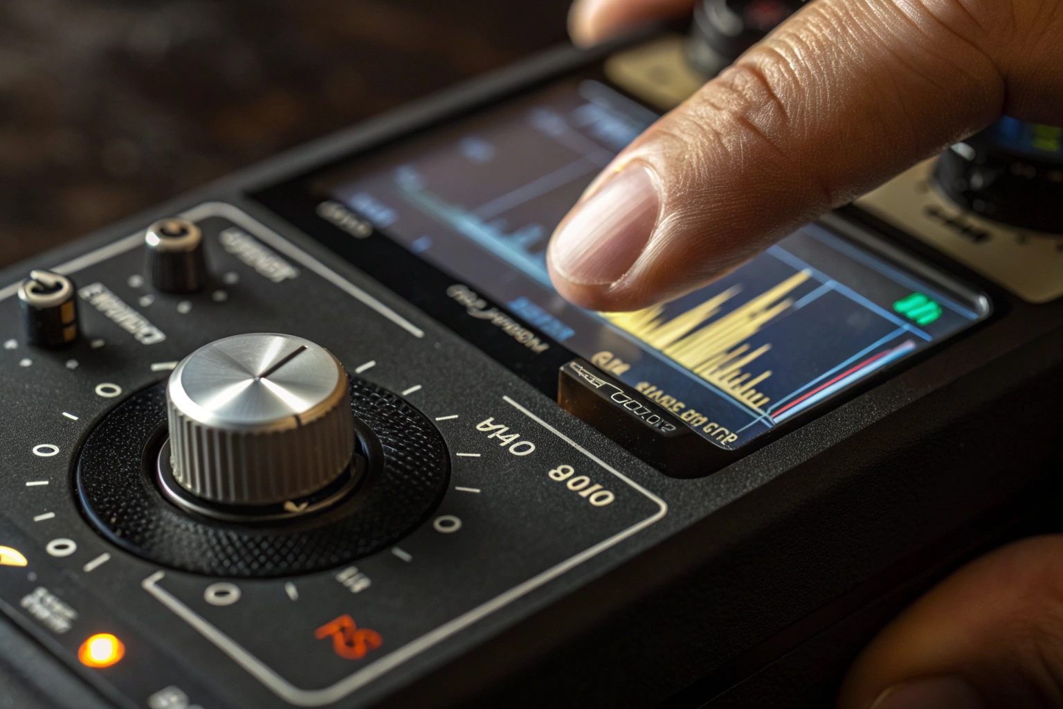 Gros plan d'une main ajustant la molette de sensibilité d'un détecteur RF, avec la réaction de l'indicateur de puissance du signal à l'écran.