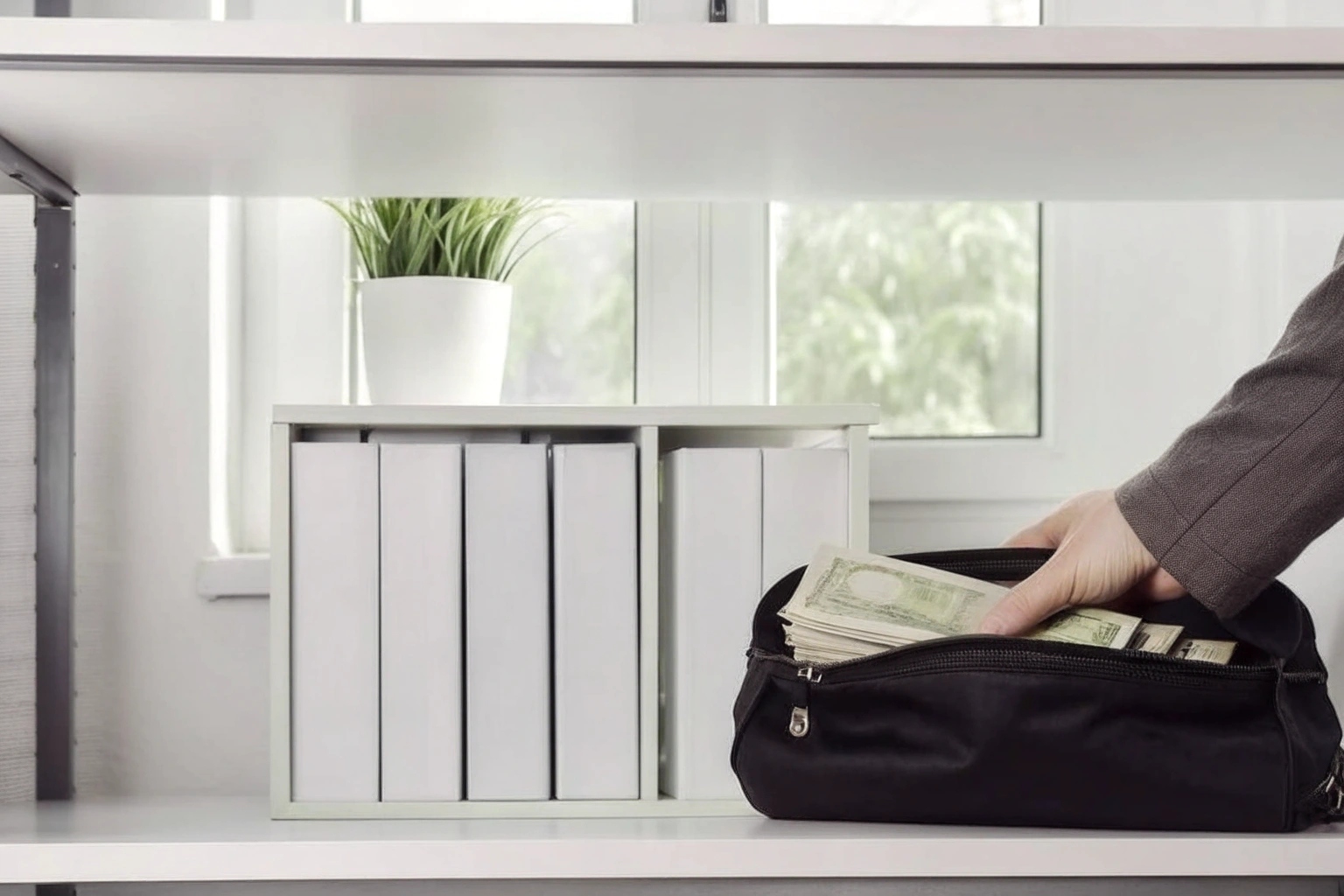 A discreet spy camera lens hidden in a book on a shelf, overlooking an office desk