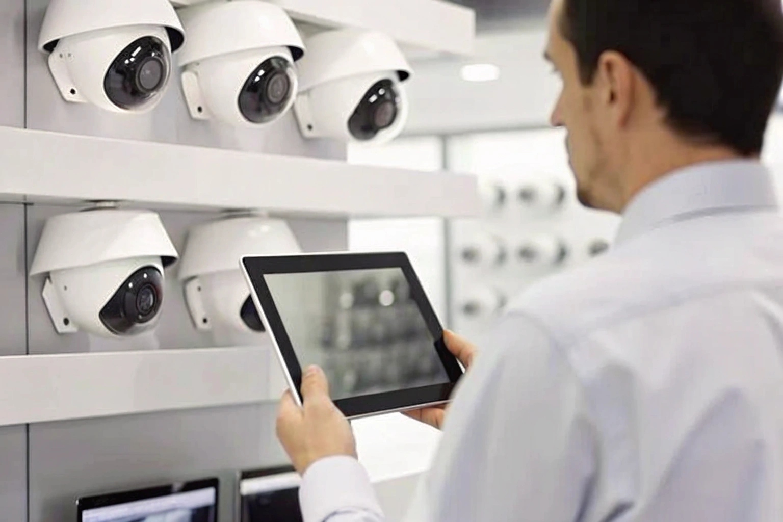 A business owner reviewing surveillance system options on a tablet in their store