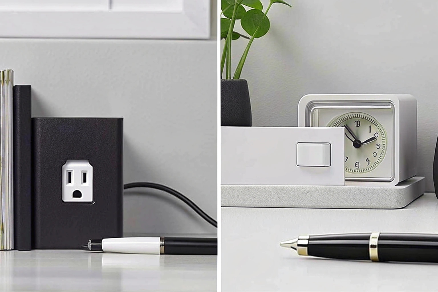 Un collage montrant divers objets du quotidien contenant des caméras cachées, comme un chargeur USB, une horloge murale et un stylo.
