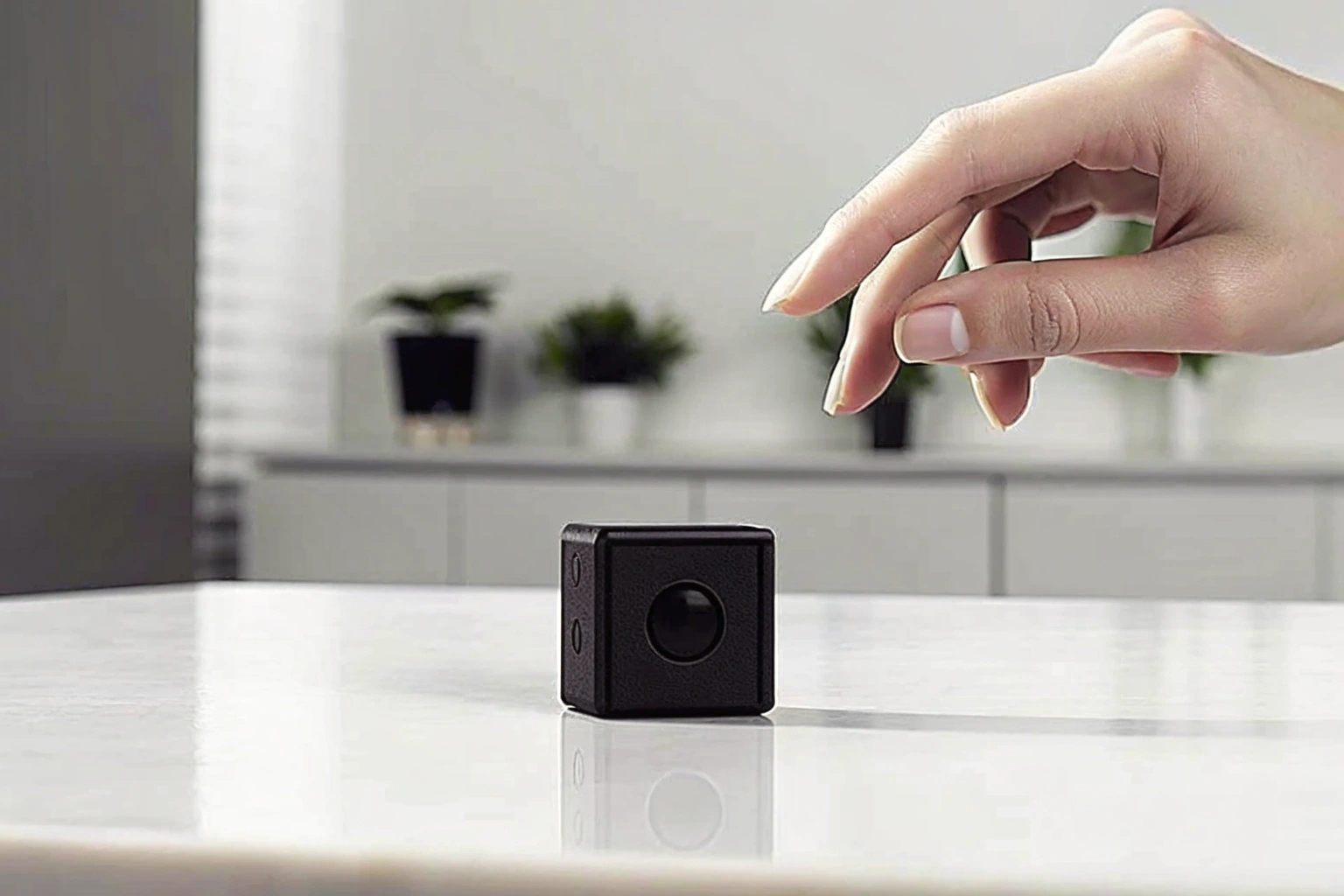 A close-up shot of a tiny, discreet 1080p spy camera held between two fingers
